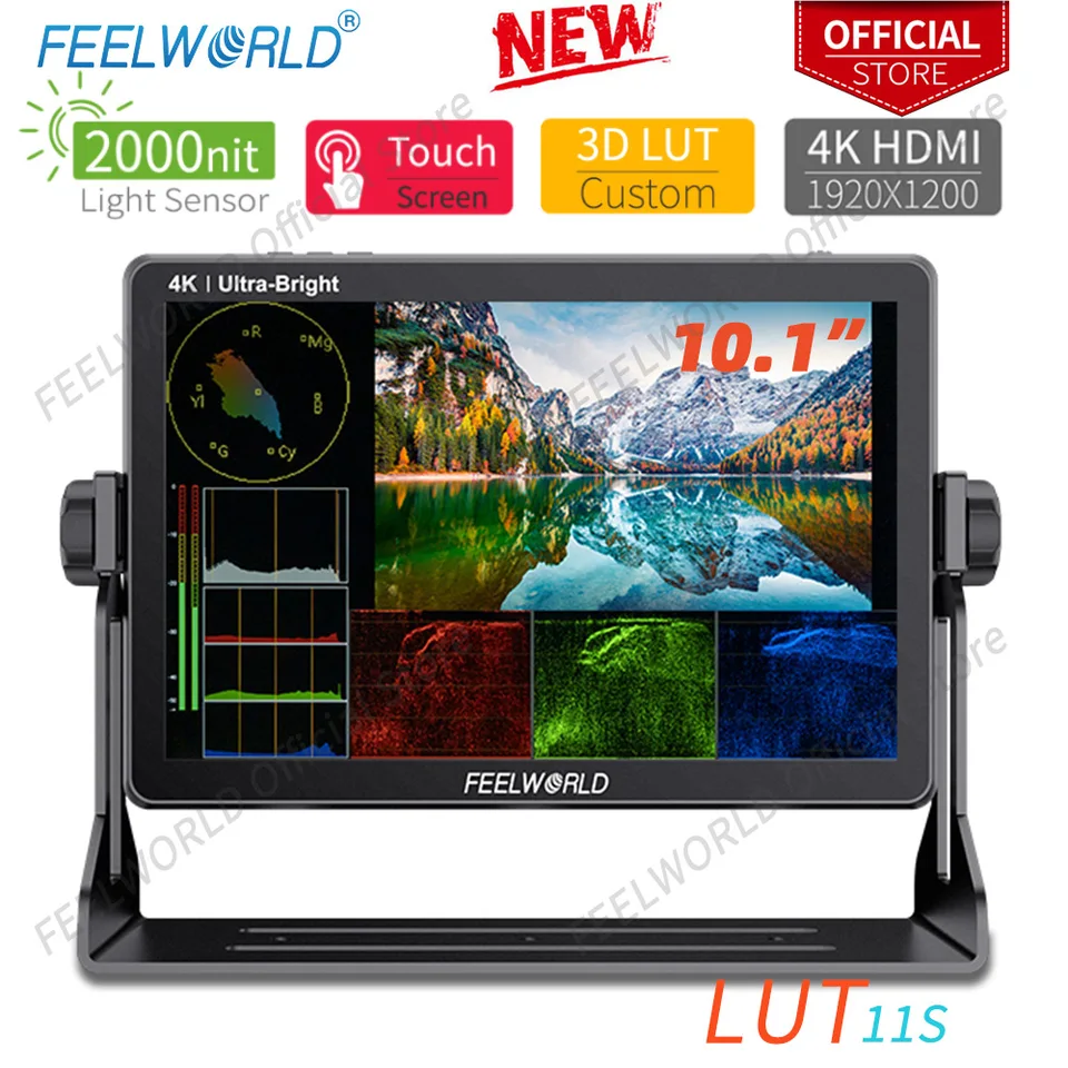 Feelworld LUT11S 10,1 palca 2000nit Ultra Bright IPS Touch Screen 3DLUT 3G-SDI HDMI DSLR DSLR Monitor Field Field Field s externým F970
