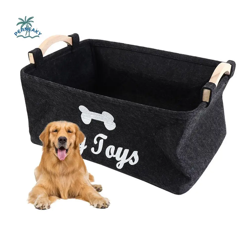 Felt Dog Storage Basket Cartoon Pattern s rukovlnou hračkou pre domáce zvieratá Bin Box Čierny skladací hračkársky organizátor Organizátor Oblečenie
