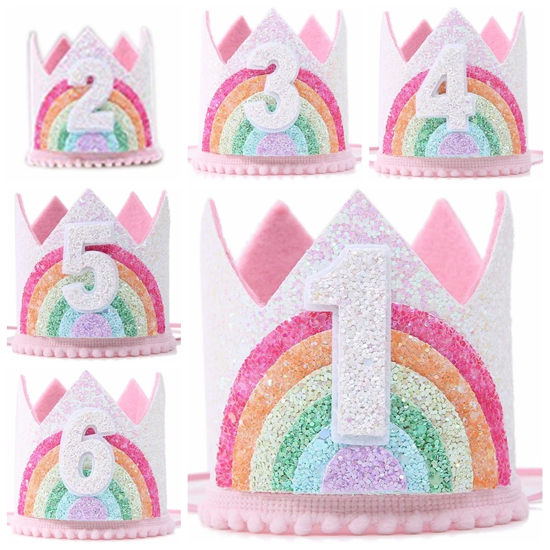 Felt Dúhová téma narodeninová oslava Koruna 1. 2. 3. všetko najlepšie k narodeninám DECON DETION DETI DETA SPOROČKA Číslo klobúku UNICORN PARTY