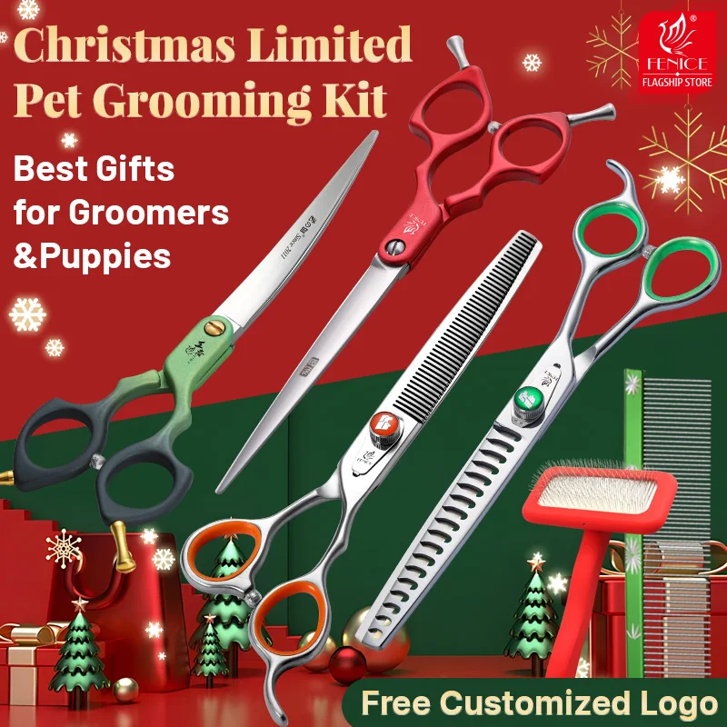 Fenice Vianoce Limited Edition Red/Green Pet Grooming Scissors Súprava Darčeky vhodné pre groomer/šteniatka zadarmo gravírovanie loga