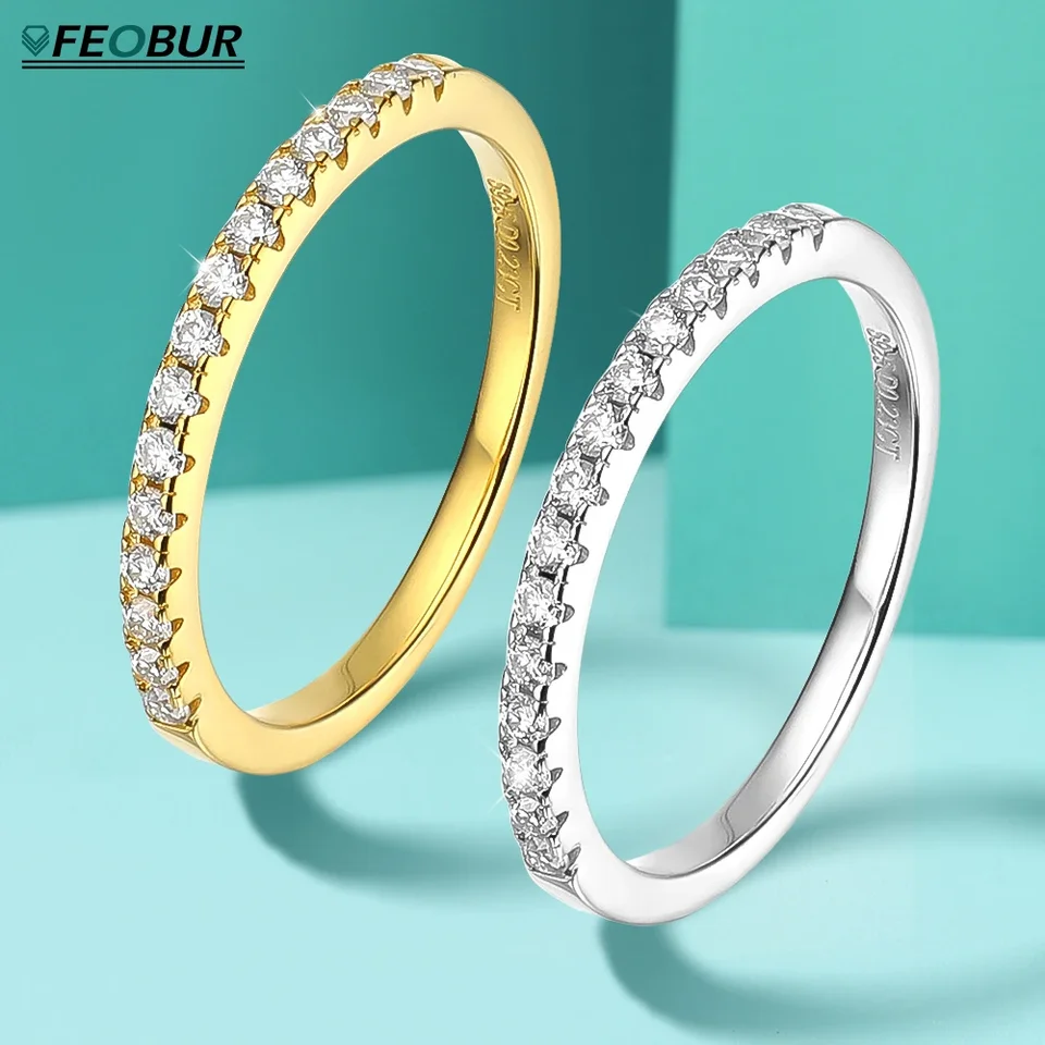 Feobur 1,5 mm plné diamantové moissanitový prsteň S925 Sterling Silver for Women Stohovateľné polovičné večnosť pásma svadobné zásnubné prstene