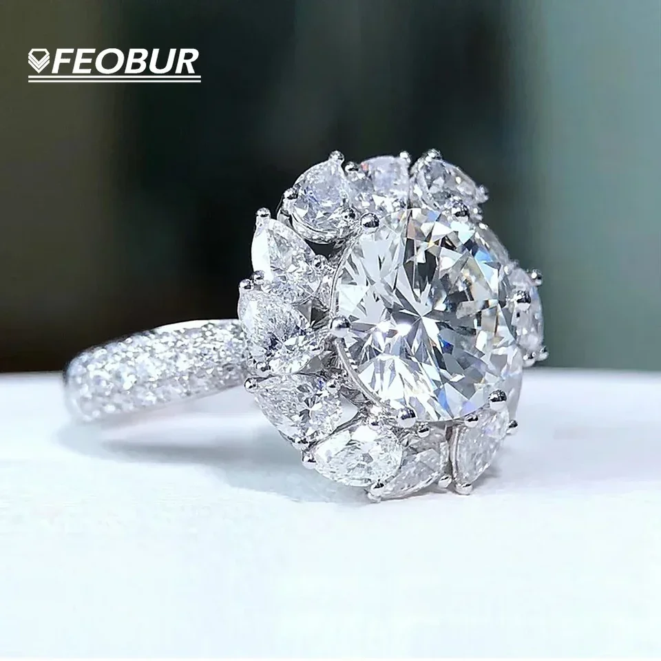 Feobur Luxury Flower 3Ct Moissanite Rings for Women Darčeky šperky S925 Svadobná skupina Sterling Silver Svadobná skupina s certifikátmi