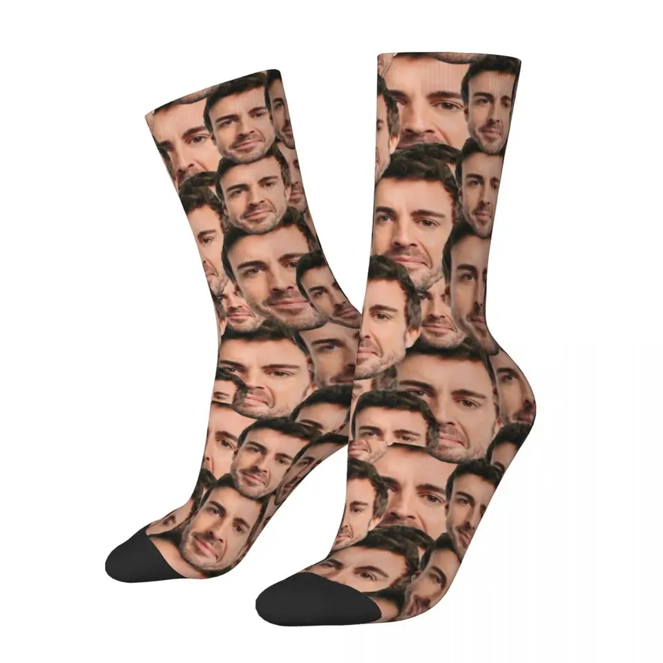 Fernando Alonso Head Merch Crew Socks Flexibilné vtipné skateboard dlhé pančuchy super mäkké pre pánske narodeninové darčeky nápad