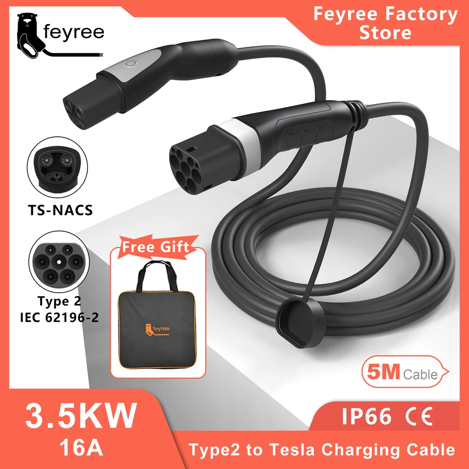 Feyree 16A 3,5 kW 32A 7KW 1fázový kmeň typu2 až TS-NACS EV nabíjací kábel pre Tesla Model 3 YXS pre verejnú nabíjaciu stanicu