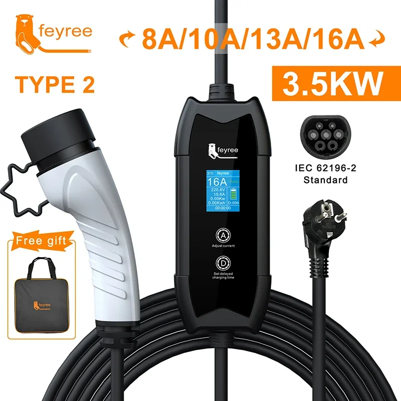 Feyree EV Prenosná nabíjačka typu2 / GB / T Plug Connector 16a 1fázový 3,5 kW typu1 3,5 m nabíjacia stanica Wallbox pre elektrické vozidlo