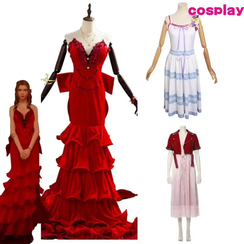 Ff 7 Final Fantasy vii Aerith Gainsborough Cosplay kostým Halloween Karneval kostýmy Dospelé ženy Dievčatá červené šaty šaty Custom C