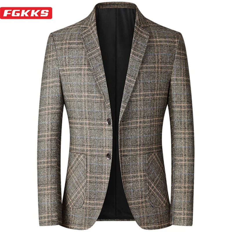 Fgkks nová jar jesenná blazers muži Slim Fit britský plaid formálny oblek bunda párty svadobné podnikanie Príležitostné blazers muž