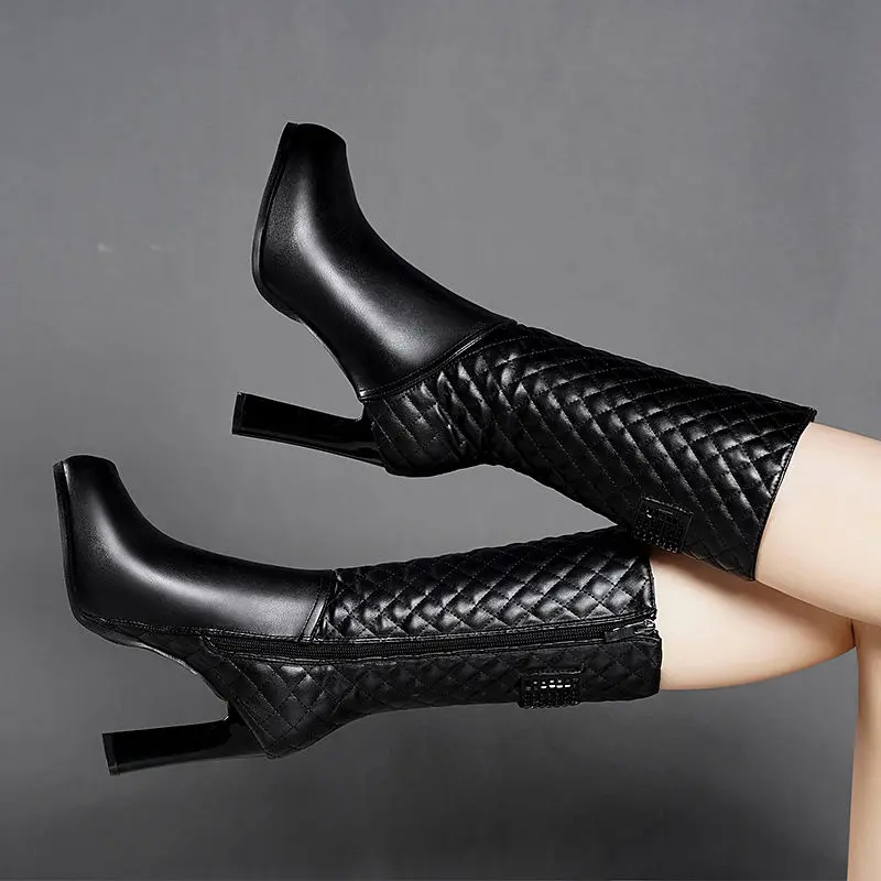 FHC Cowhide Leather Stredné topánky, dámske zimné topánky plyšové boty, bočné zips, štvorcový pätný päta ženská čierna platforma, dropship