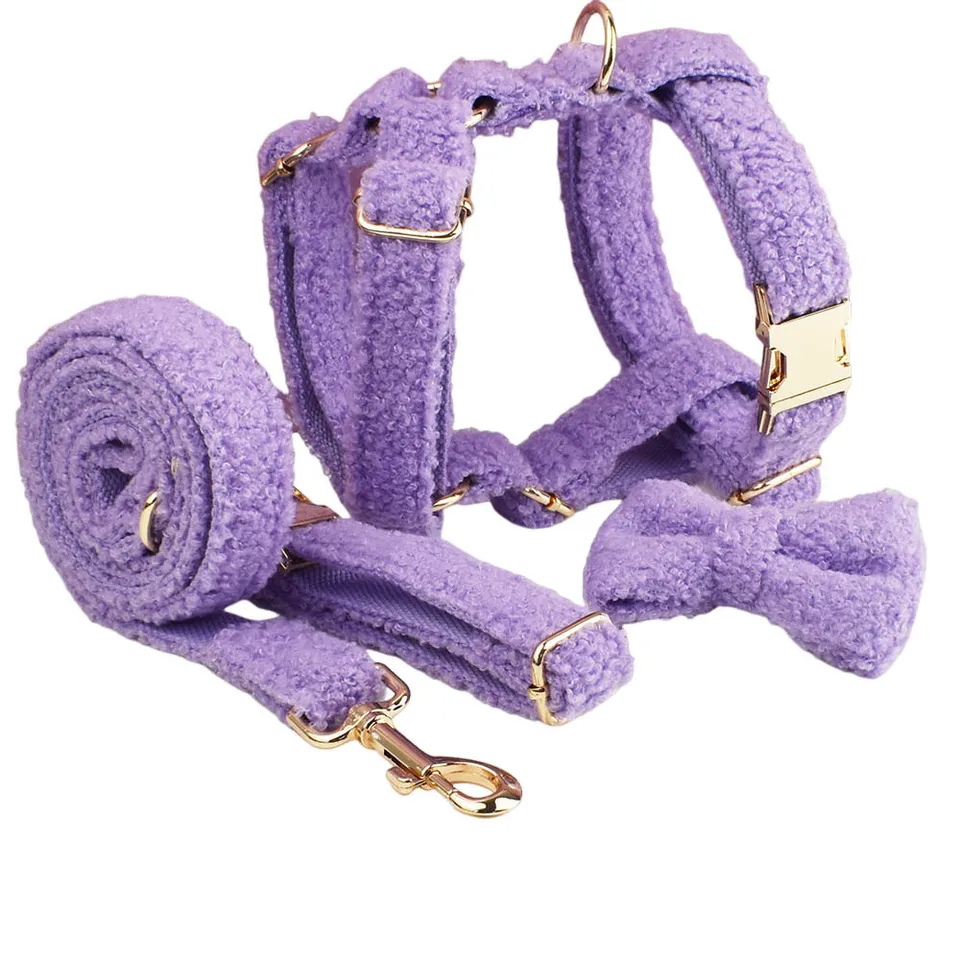 Fialová chlpatá materiál Dog Cat Winter Autumn Warm Worness Set XS-XL Puppy Golier a vodítko