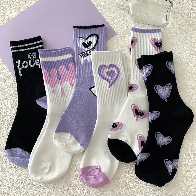 Fialové ponožky v tvare srdca pre ženy s vysokým vzhľadom, výbušné ulice, ponožky strednej dĺžky, Trendy a všestranné Instagram