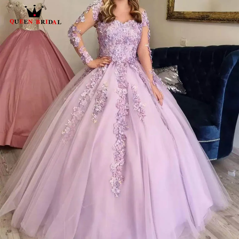 Fialové šaty Quinceanera 2023 3d kvetinové čipky Ball Gown Ghow dlhé rukávy Lace-up párty večer špeciálna príležitosť ED09M