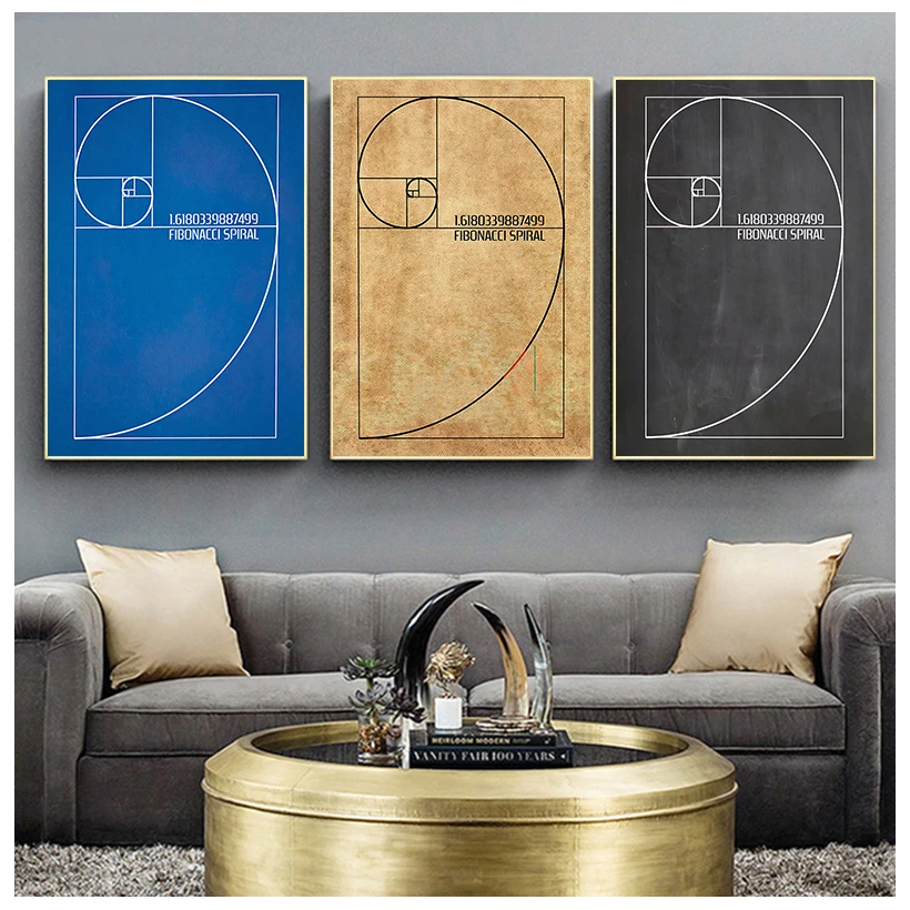 Fibonacci špirálové patentové nástenné umenie Canvas Painting Golden Ratio Plagáty a výtlačky Vintage Blueprint Gift Idea Science Decotion