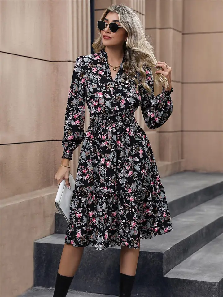 Ficusrong Autumn Winter Women Fashion Dlhý rukáv Tlač Elegantné Vysok