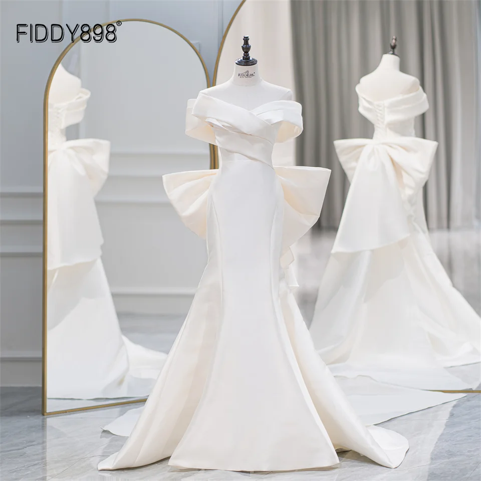 Fiddy898 Prispôsobené svadobné šaty Mikado Elegantné svadobné šaty z ramena z ramena s šatami nevesty z korzetov QD06151