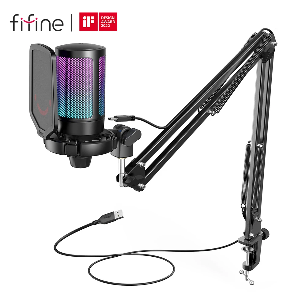 Fifine USB Gaming Microfone Kit pre PC, kondenzátorový mikrofón PS4/5 Set s stlmením tlačidla/RGB/ARM, pre streamovanie videa-A6T