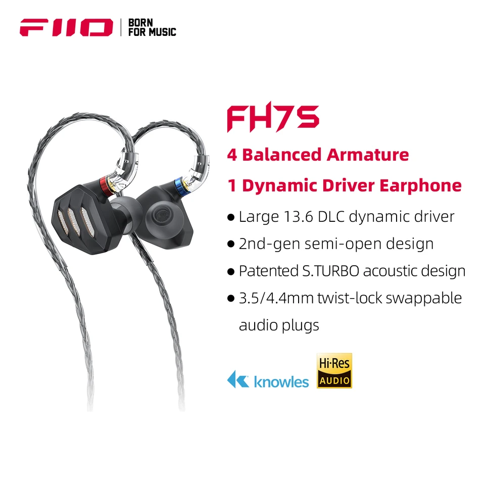 FIIO FH7S do uší slúchadlá Vysokoúčinné 1DD+4BA Hybridné technológie IEM SARBUDS s 3,5/4,4 mm zástrčkou