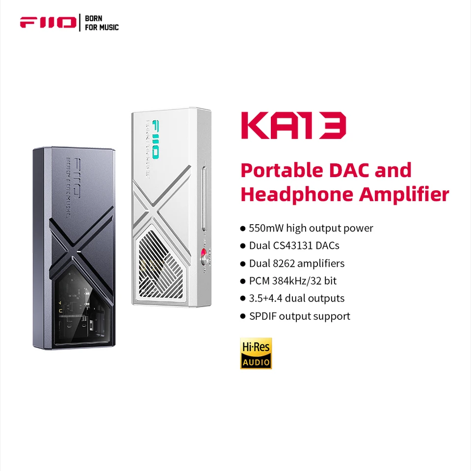 FIIO KA13 DUAL CS43131 Prenosný DAC zosilňovač pre iOS/Android 3,5 mm jednosmerného a 4,4 mm vyváženého výstupu, 550MW vysoký výkon