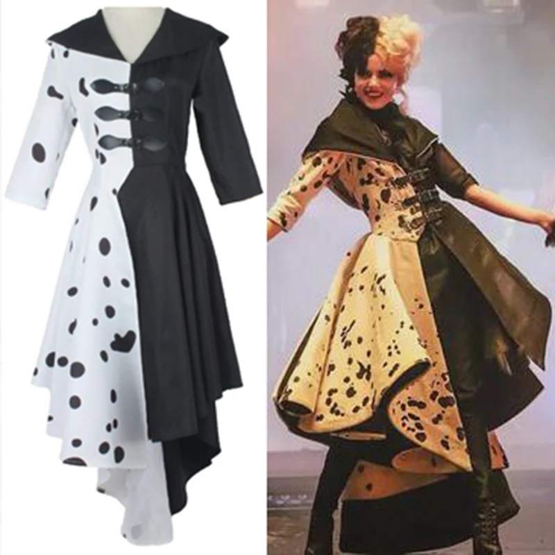 Film Cruella de vil kostým Cosplay šaty kapucňu košeľa plášťové dámske ženy čierna biela