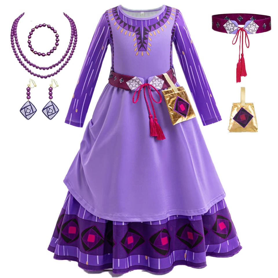 Film Wish Asha kostým pre dievčatá s taškami Cosplay fialové dlhé rukávy Narodeninová oslava princezná dievčenská šaty svadobné detské oblečenie