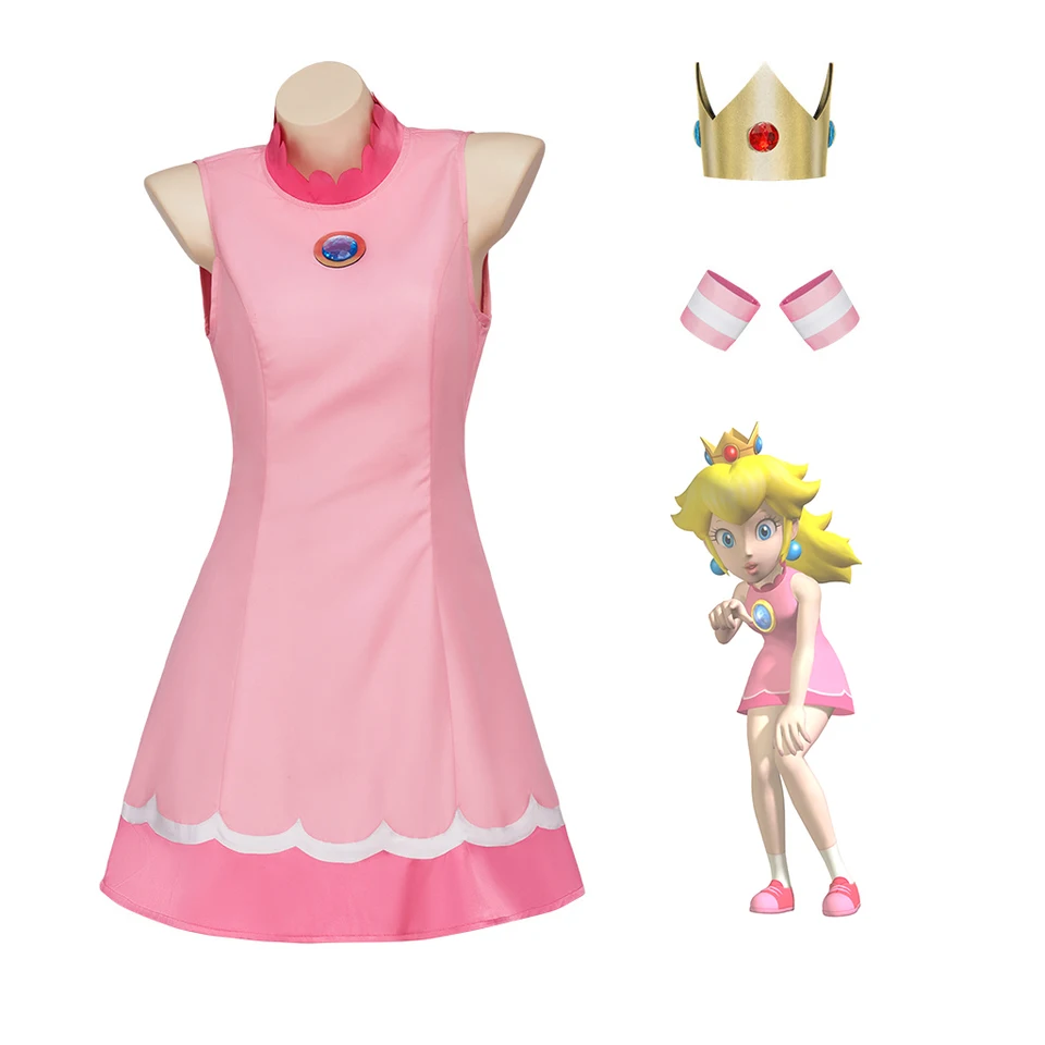 Filmová hra Peach Cosplay kostým ružový športový princezná denné šaty broskyňové rukávy ružové pódium Performance Dress Set