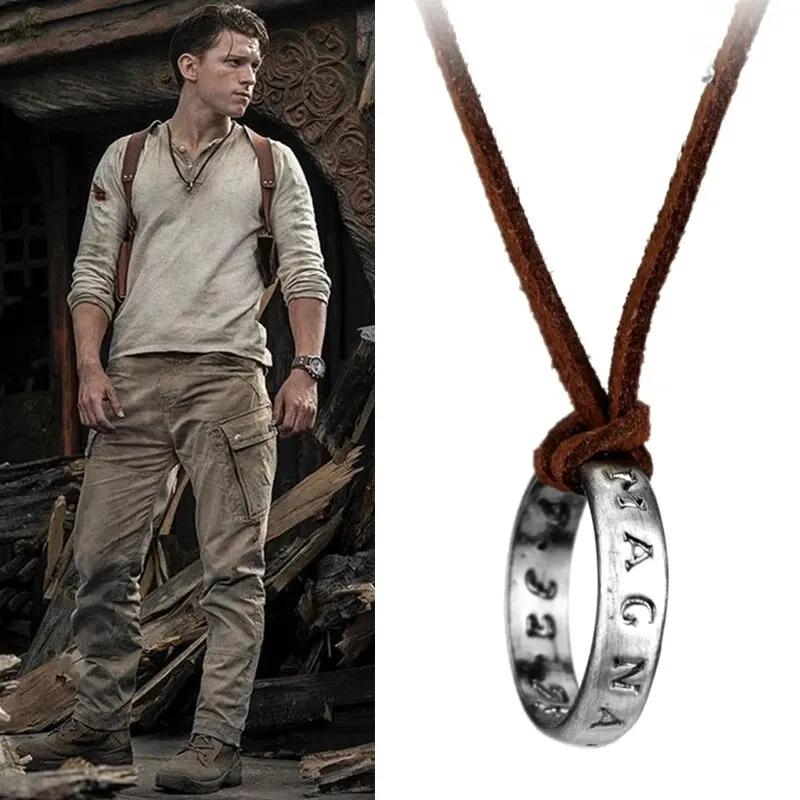 Filmová hra Uncharted 4 Náhrdelník Nathan Drake Cosplay Ring Ring Kožený kód Staroveký vintage prívesok šperky prop
