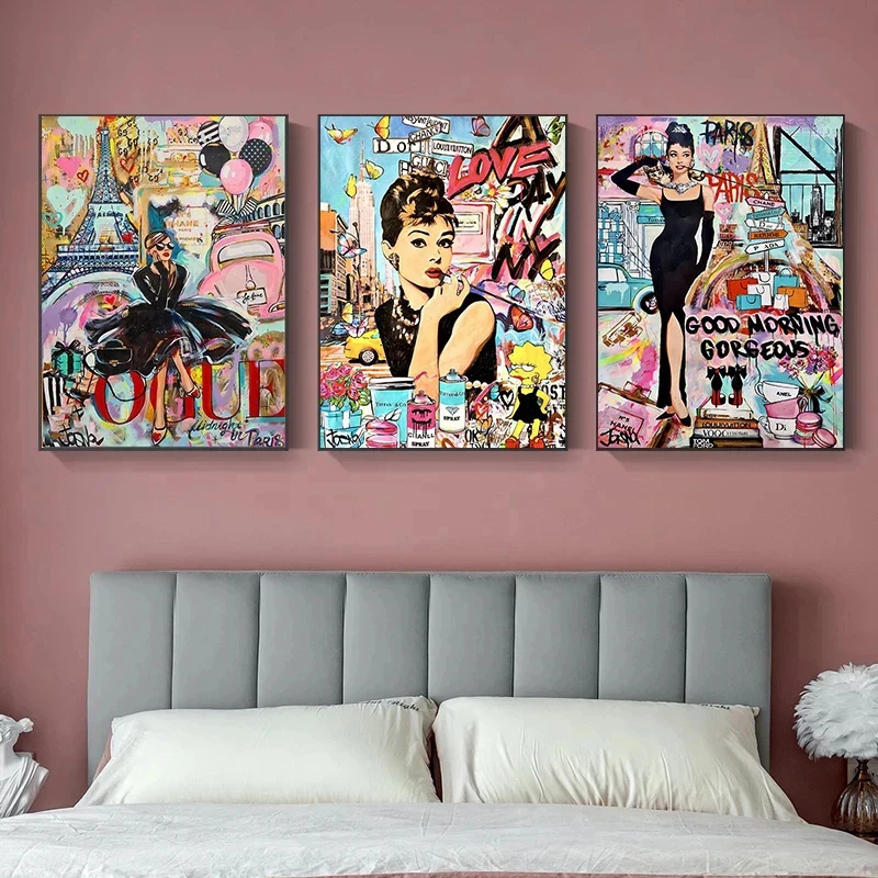 Filmová hviezda Audrey Hepburn pod Eiffelovou vežou v Paríži portrét graffiti plagáty plagáty ulica Pop art