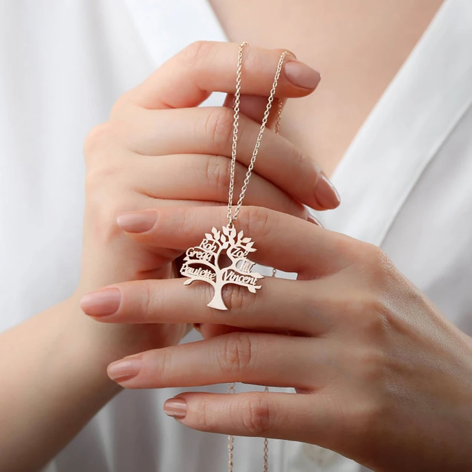 FILS Vlastný náhrdelník TREE of Life Náhrdelník personalizovaný vlastný prívesok Charm Názov náhrdelníka-rodinná darčeková žena Dainty šperky