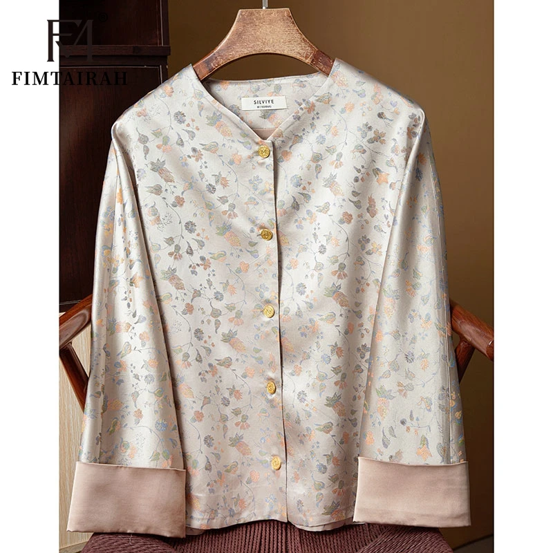 Fimtairah 100% hodvábny kabát Ženy Jacquard Cardigan bunda s dlhým rukávom Top 2024 Jeseň