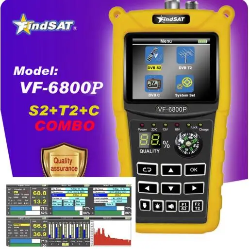 FindSat VF-6800P Digital Satellite TV vyhľadávač Combo Support DVB-T2/DVB S2/DVB C SAT Finder Meter pre prijímač satelitného televízora STB