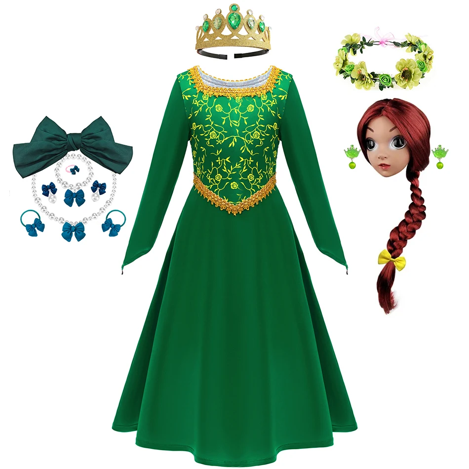 Fiona Green Princess Dress Halloween Fantasy Dress Up Costume Deti Elegantné šaty deti Jeseň s dlhým rukávom Lace Tlače Frocks