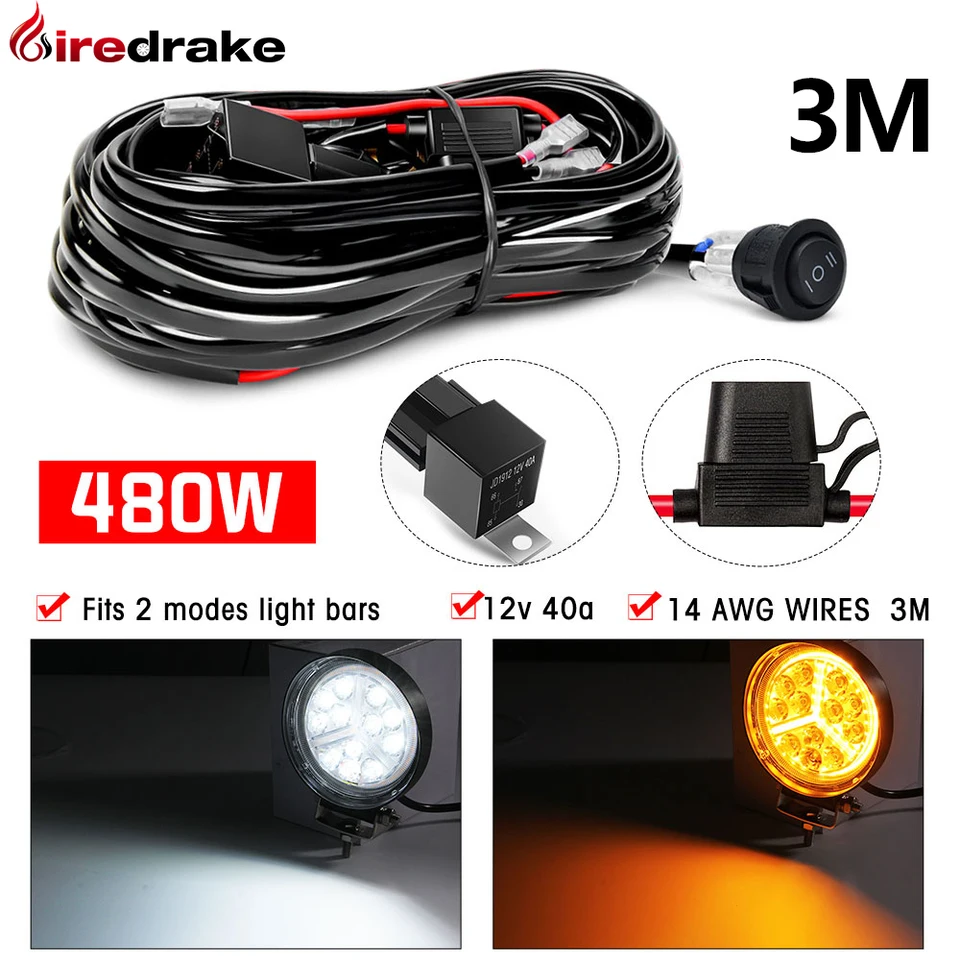 FiredRake pre 2 lampy LED LED LED SLEDNÁ SLITNÁ POMOCNÁ HORNOSŤ FOG Svetlo postroj LED LED SLEDNÝ SLOŽKA PORADU 480W 40A 12V 3 metre
