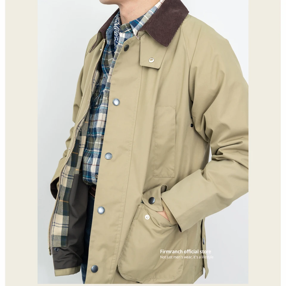 Firmranch AmekaJi British Vintage Lovecká bunda pre mužov Ženy s Corduroy Collar CARGO TRENCK CAPR Autumn Winter Blazer