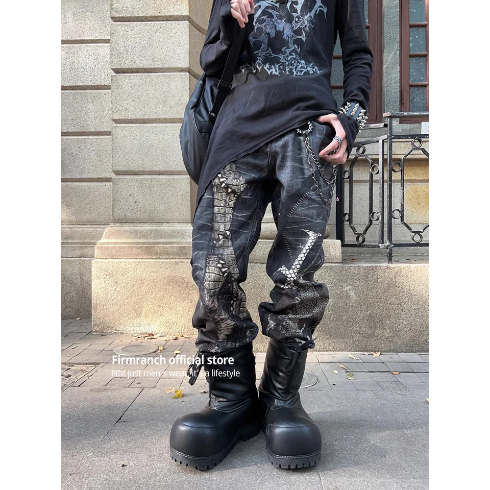 Firmranch Balck Python Skin Digital Print Džínsy pre mužov Ženy Loose Punk Denim Pants Micro rozšírené zavádzacie moping nohavice