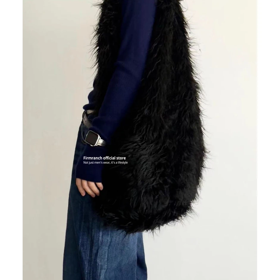 Firmranch New Black Artificial Wool Dlhá prémiová Faux Curr Candbag Crossbody Bag pre mužov pre mužov móda streetwear