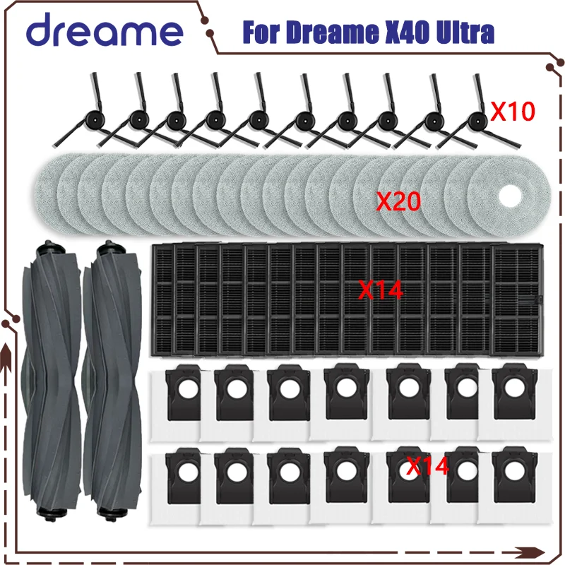 Fit For Dreame X40 Ultra / X40 Ultra Complete / X40 Pro / S30 Pro Ultra vákuové diely Hlavné valčekové bočné kefy HEPA Filter Dust Bag Dust