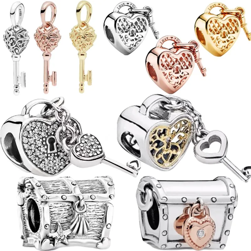 Fit Original Silver 925 Bracelet Lock Key Treasure hrudník Láska zlatá ružová zlatá zlatá šupina