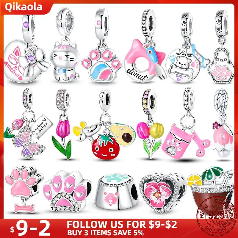Fit Pandora náramok Originál 925 Sterling Silver Pink Cat Paw Series Pety Tulip Flower Charm DIY MS Darček pre šperky