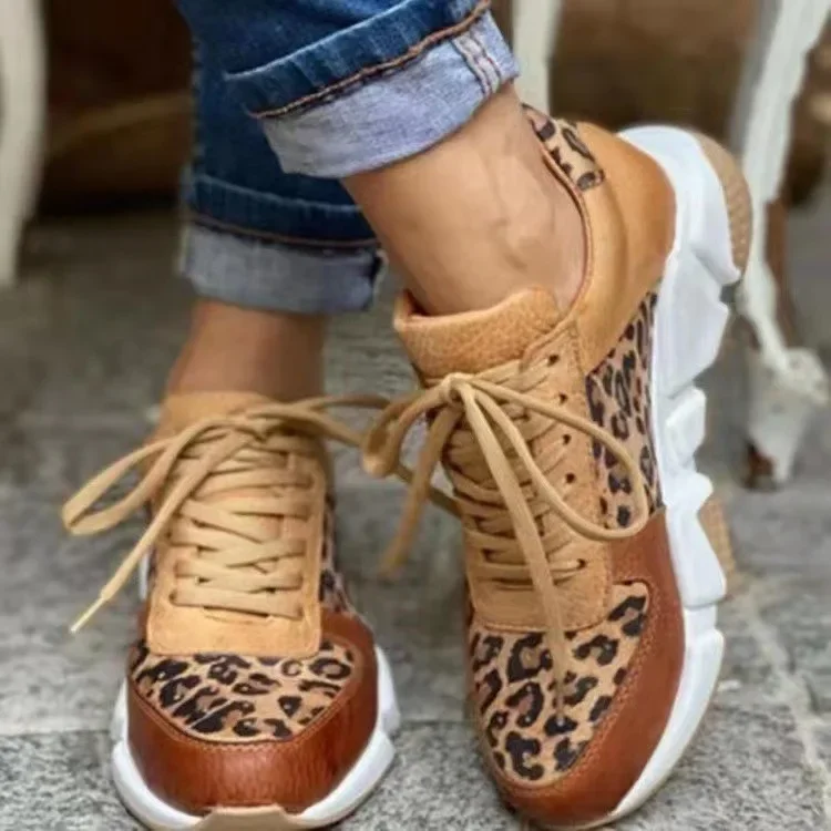 Fitshinling Leopard Patchwork topánky pre ženy 2022 Zimná móda Slim Pu Dámske tenisky atleisúre Khaki Sportswear Shoe New