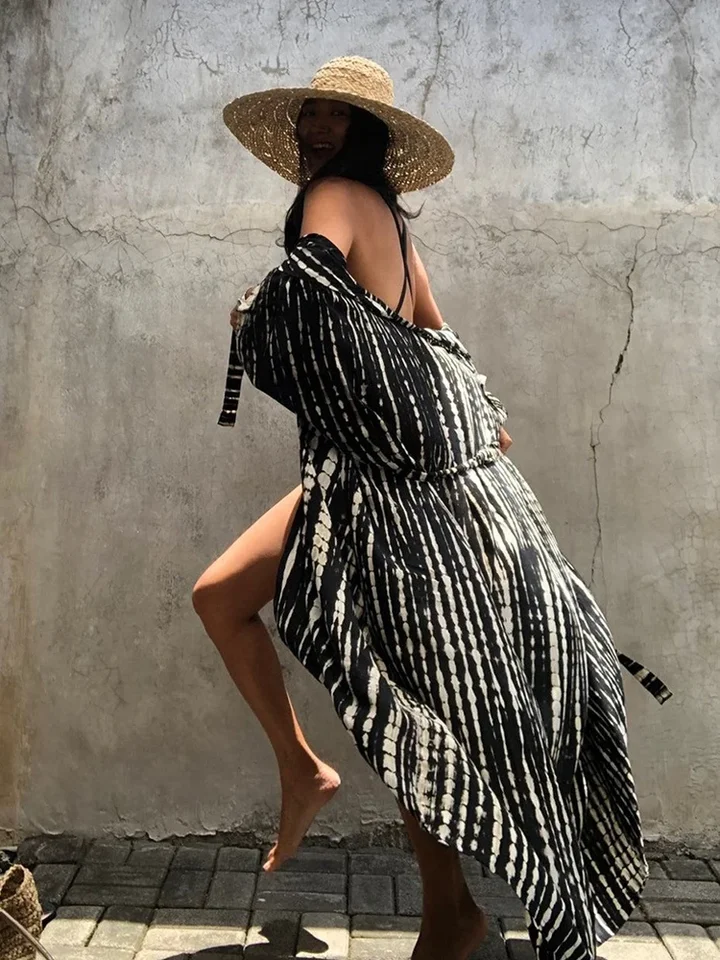 FITSHINLING Summer Vintage kimono plavky halo farbenie pláže Cover Up s sashes s nadmerným dlhým sviatkom sviatkov Sexy sviatky