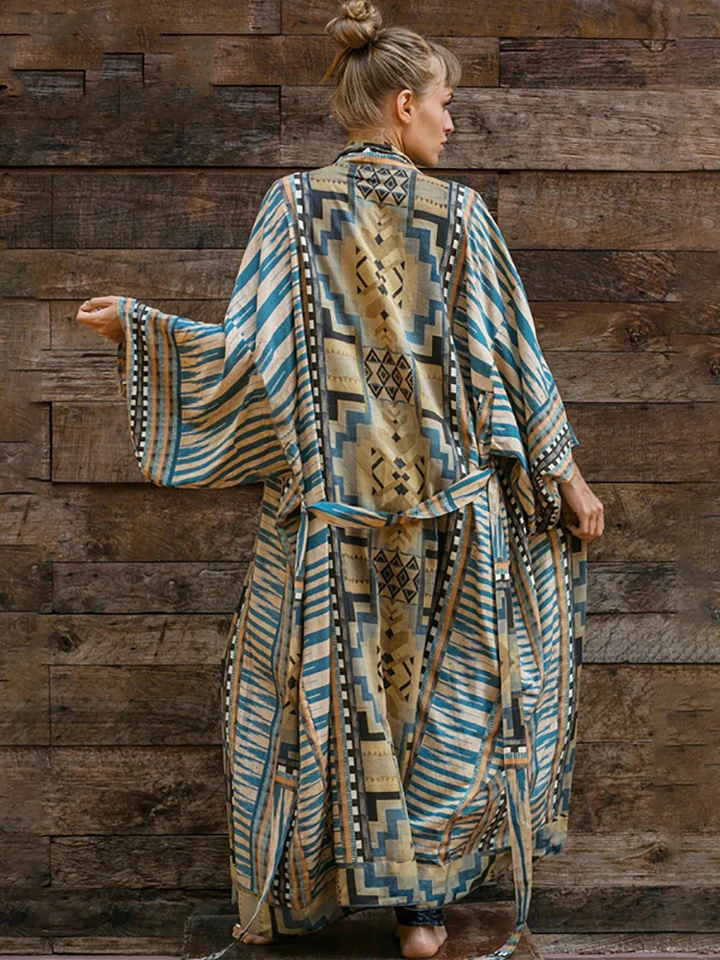 Fitshinling Vintage Geometric Beach Kimono Bohemian Nadixed Mardigan s opaskom Prázdniny Slim Etnický kmeň plavky