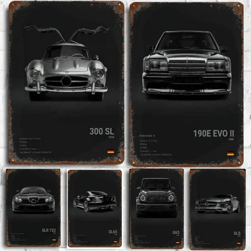 FJ Metal Signs Decor Black -Biely luxusný športový automobil Luxusný nemecký automobil Plagáty estetika G63 SL GTR Sedan pre garáže