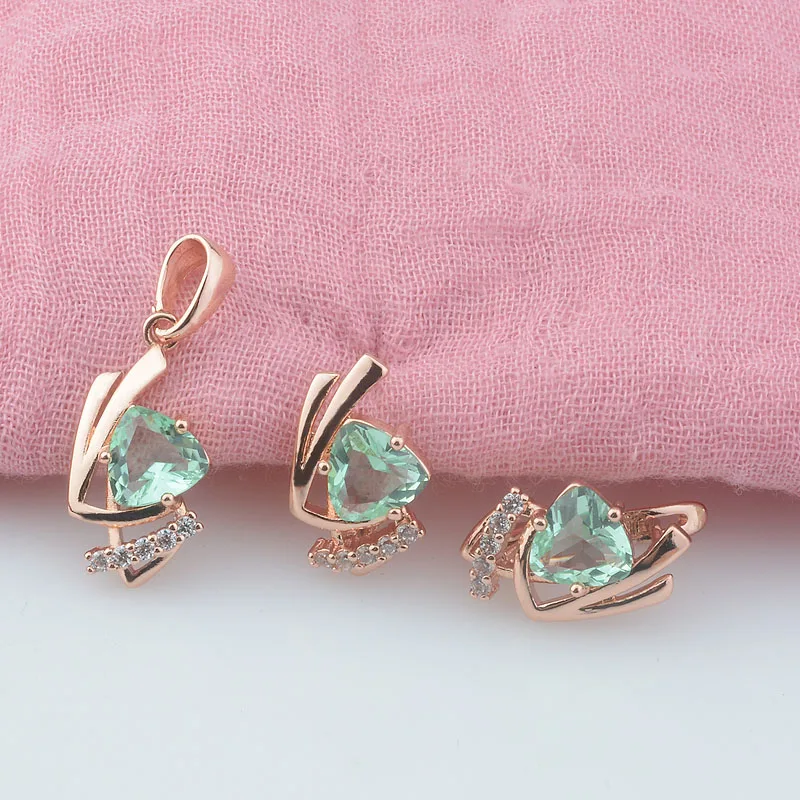 FJ Women 585 Rose Gold Farebný svetlo zelený kameň prívesok náušnice s náhrdelníkom Nové šperky