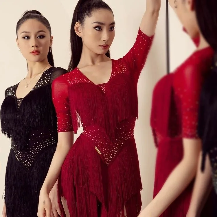 flamenco šaty žena Latinské tanečné šaty Fringes žena dospelý červený samba sál Praktický šaty Performance Performance Dancewear 2024
