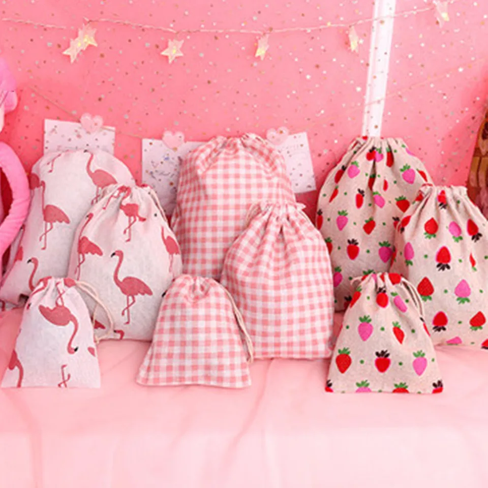 Flamingo Strawberry Cotton Storage Balíček vrecko na šnúrku s malá minca Cestovka Dámska malá látka taška vianočné darčekové puzdro