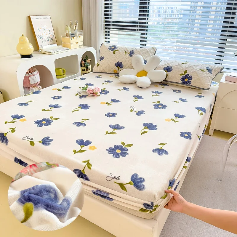 Flanel Fleece Teplá lôžko pripevnená list pre zimné kvetinové posteľné lôžko Fundas de Colchón Coral Fleece Pluffy Sabanas para Cama