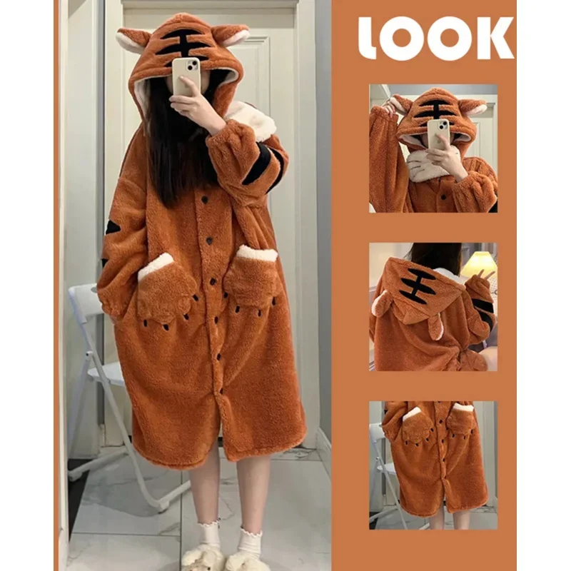 Fleece hrubý tiger pyžamy rúcho zimné teplé plyšové nočné košele voľné kawaii karikatúra flanel nočná nočná dinosaur pijama salónik