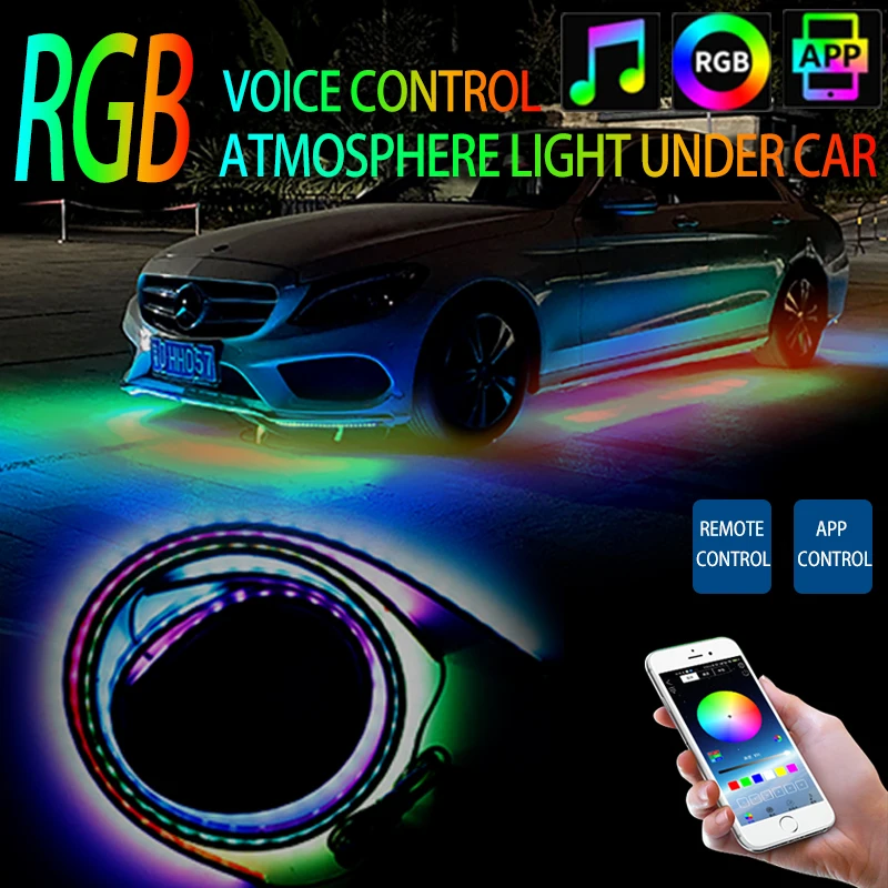 Flexibilné auto podliatie 120 cm pásová lampa LED Underbody Diaľkový diaľkový ovládač /App Control RGB neónové svetlo automatické dekoratívne okolité atmosféru Žiarovka