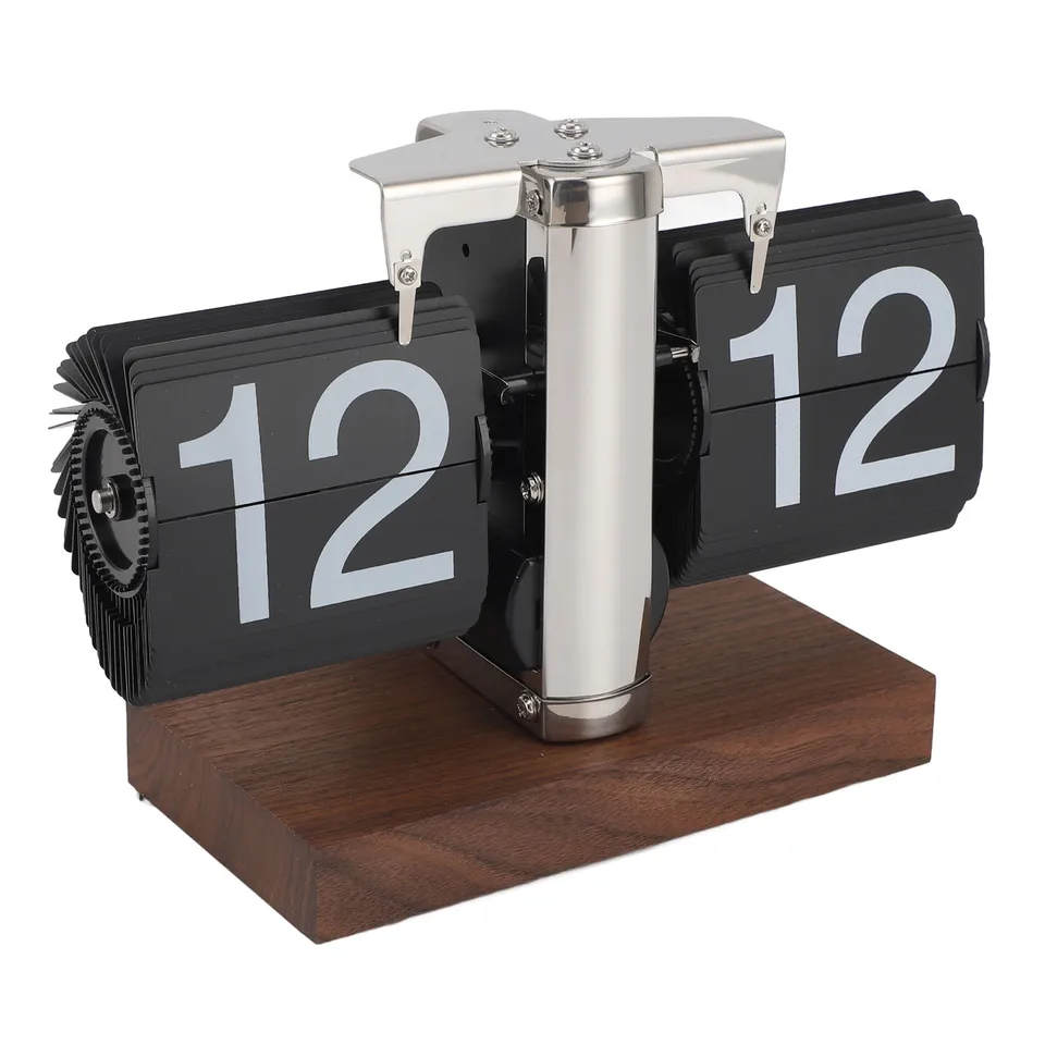 Flip Desk Clock Automatické mechanické preklopenie 24H Drevená základňa z nehrdzavejúcej ocele Vintage retro digitálne stolové hodiny pre domácu kanceláriu