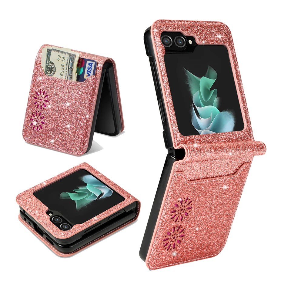 Flip5 flip4 flip6 5g Glitter Bling Protection Puzdro pre Samsung Galaxy Z Flip 6 5 4 3 5G Wallet Cards Držiteľ kožený kryt