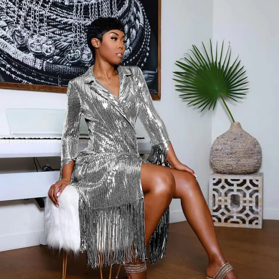 Flitrová bunda Tassel Long Blazers 2022 Dámske dizajnérske zimné oblečenie Coats Cardigan Club Party Fringe Luxury Elegantná bunda